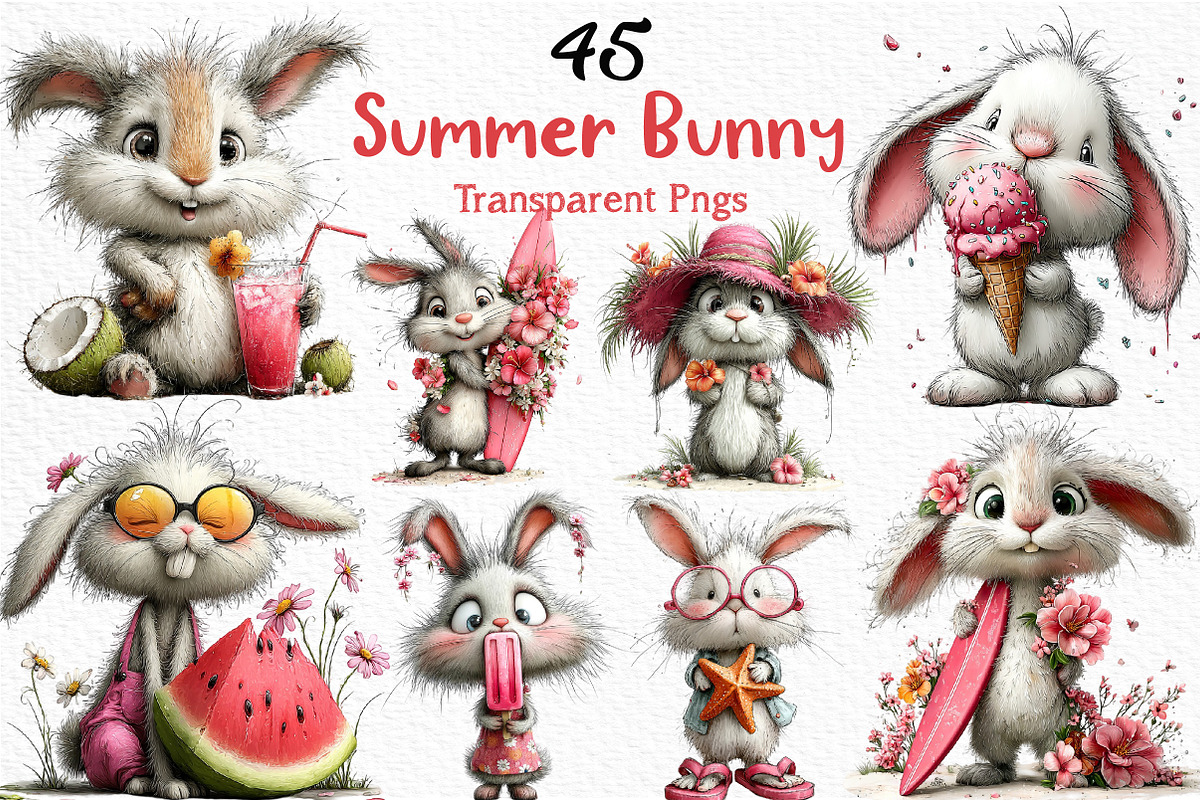 Whimsical Summer Bunny Clipart, an Illustration by Craft Nest (Photo 1 of 12)