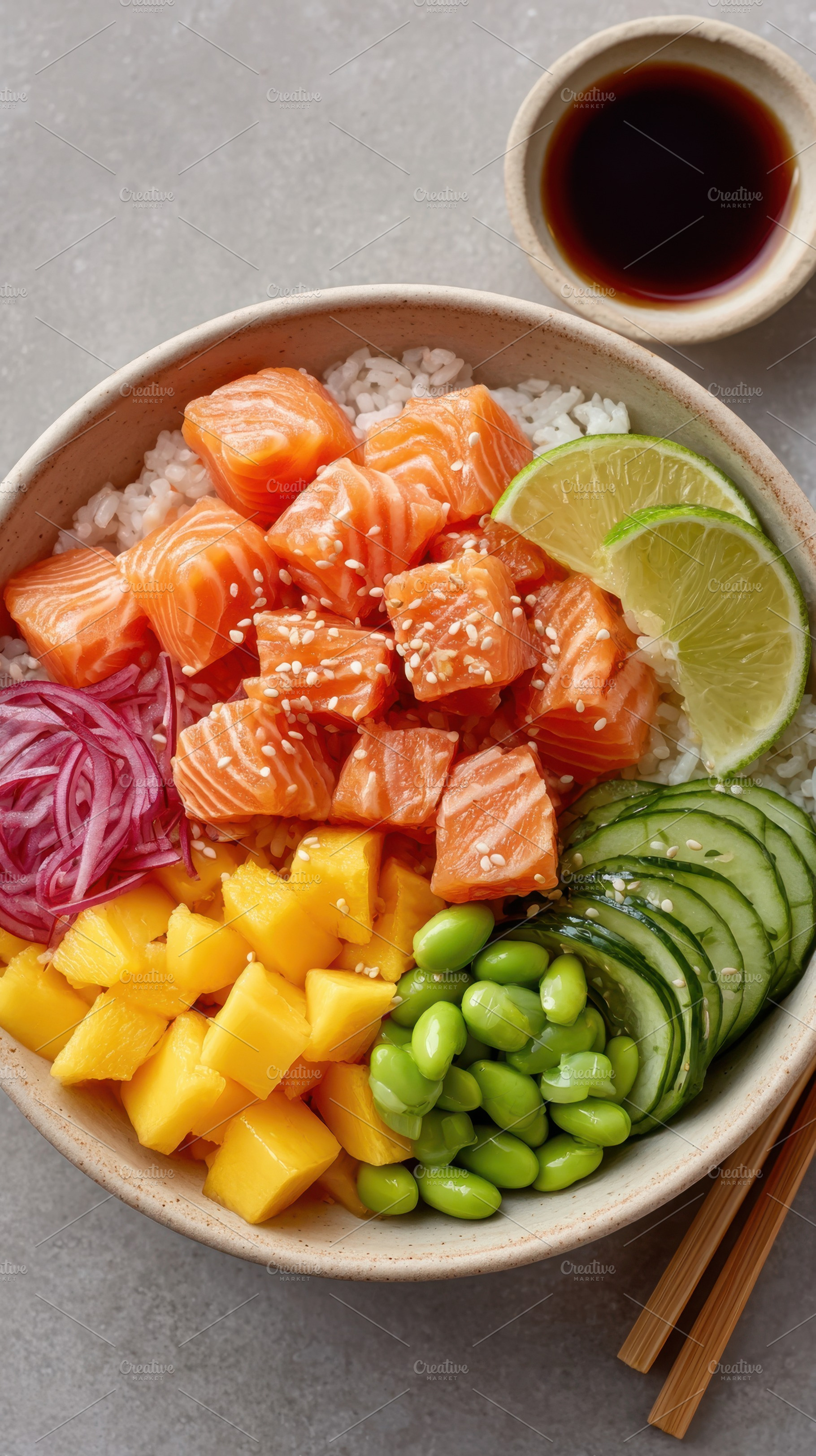 Fresh sushi bowl with salmon and vegetables, a Food & Drink Photo by AlyaAnd