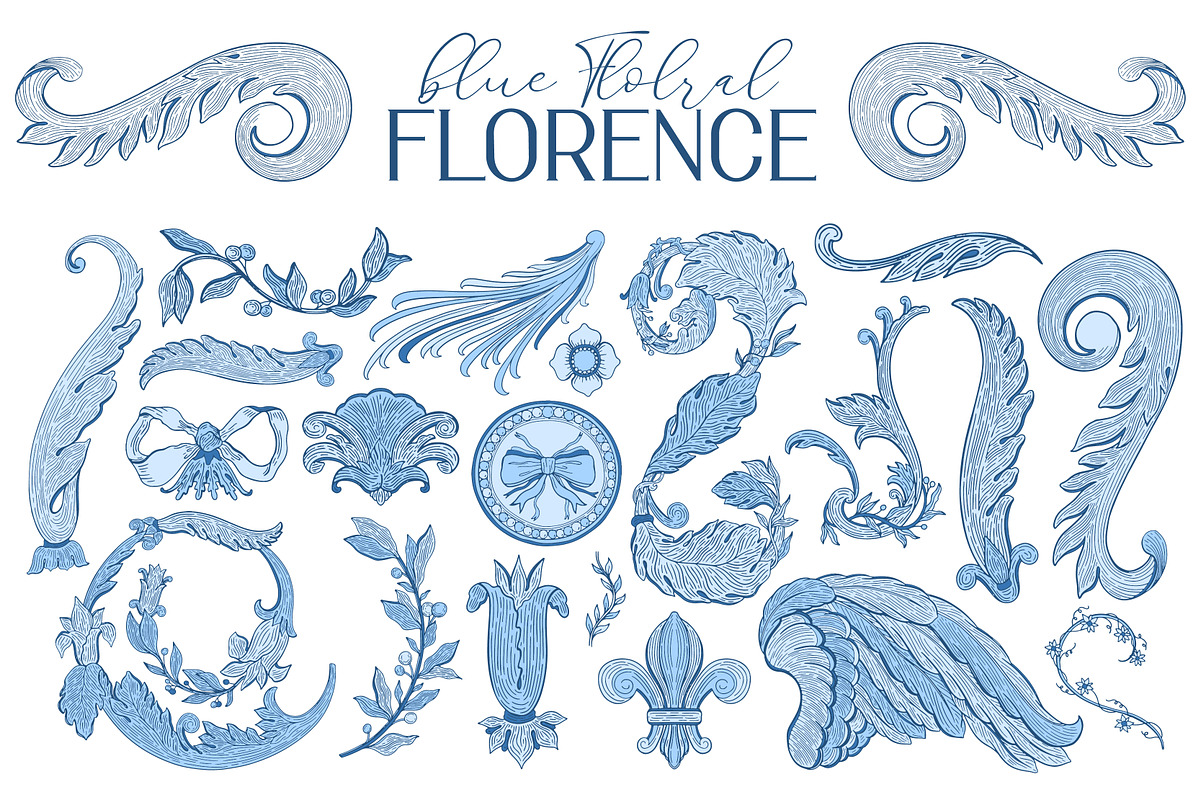 Blue floral FLORENCE- ornament set, a Decorative Illustration by Moonflora (Photo 2 of 8)