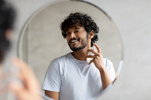 Happy indian man looking in mirror spraying on cologne in bathroom interior, do, a Person Photo by Prostock-Studio