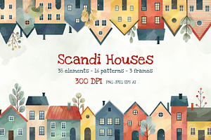 Scandi Houses Watercolor Clipart Set