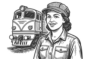 female train conductor engraving, a Person Illustration by AlexArt