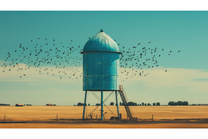 farmland water towers ai generated, an Architecture Photo by pikepicture