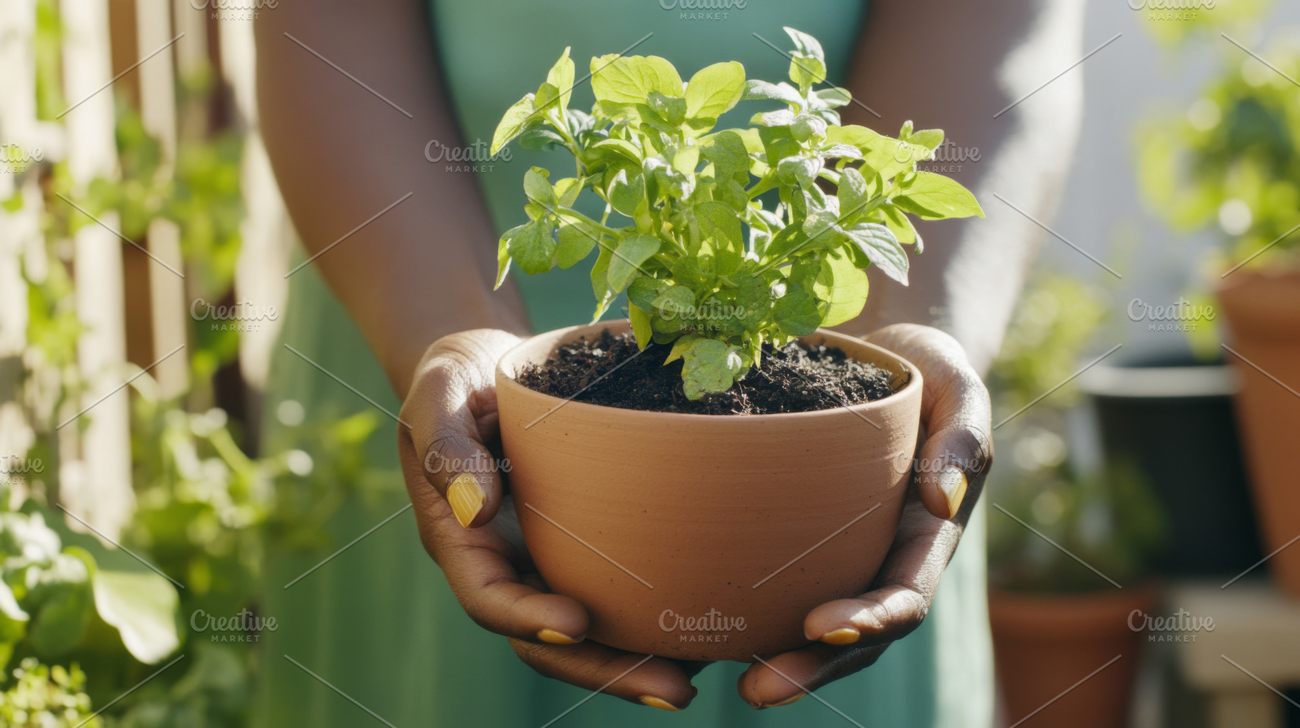 African American woman holding potte, a Photo by Dvoevnore photos