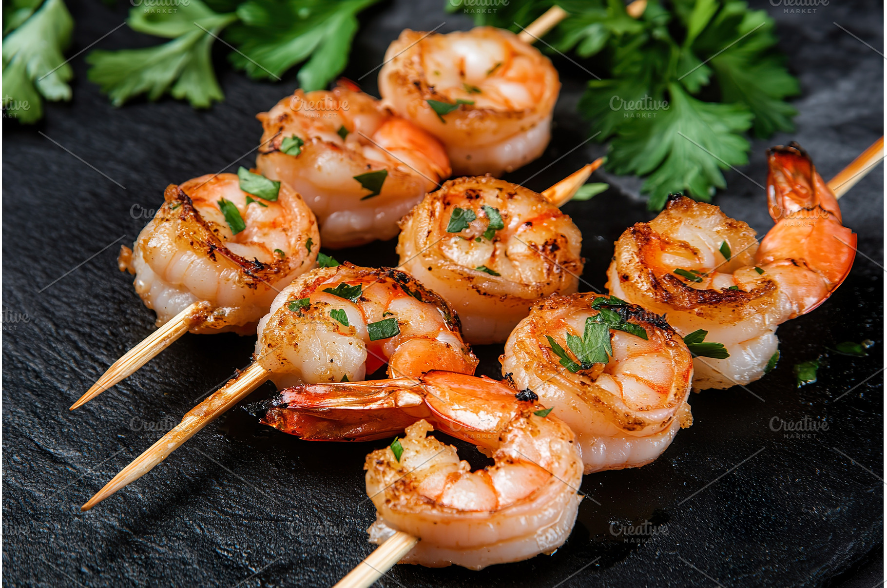 Grilled shrimp skewers with herbs on, a Food & Drink Photo by Lermont51