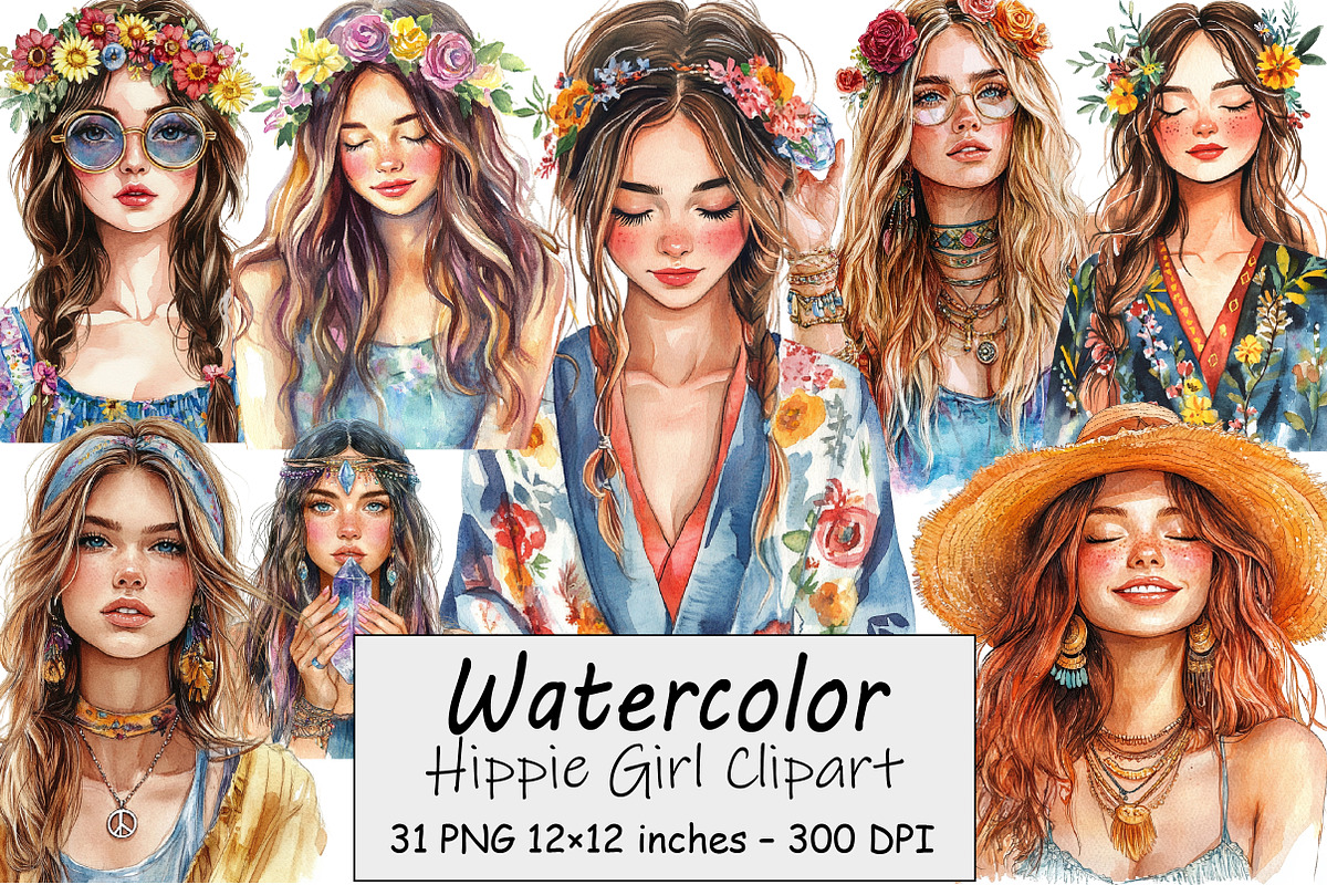 Hippie Girl Clipart, an Illustration by Design Market (Photo 1 of 4)