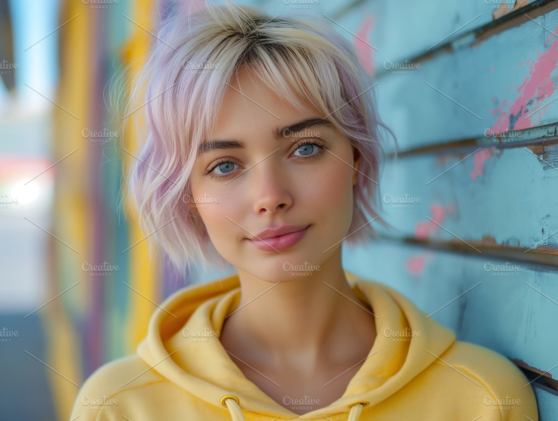 A young Caucasian woman with pastel pink hair smiles softly while wearing a yel, a Person Photo by ImageMir