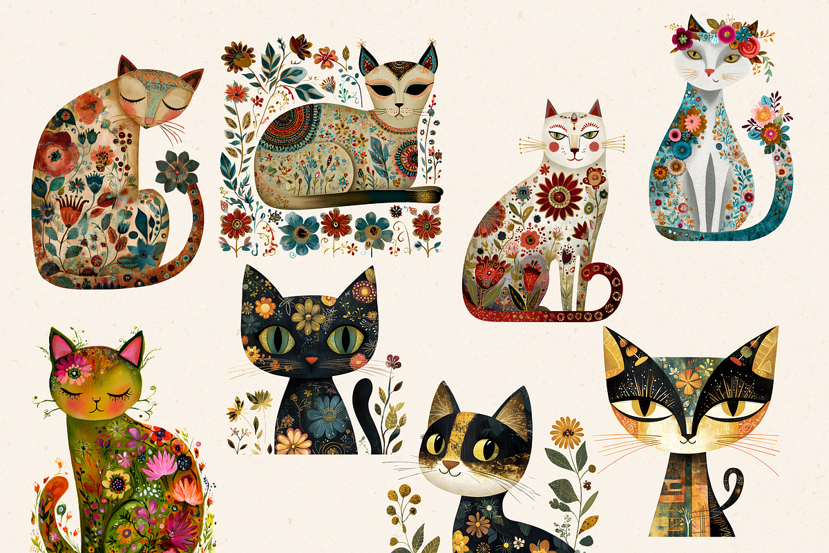 FOLK ART CAT CLIPART PACK, an Animal Illustration by Daring Digies (Photo 3 of 8)