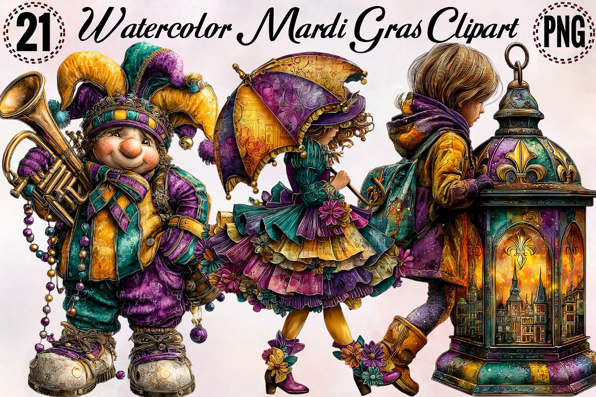 Watercolor Mardi Gras Clipart Bundle, an Illustration by SVGArt (Photo 1 of 8)