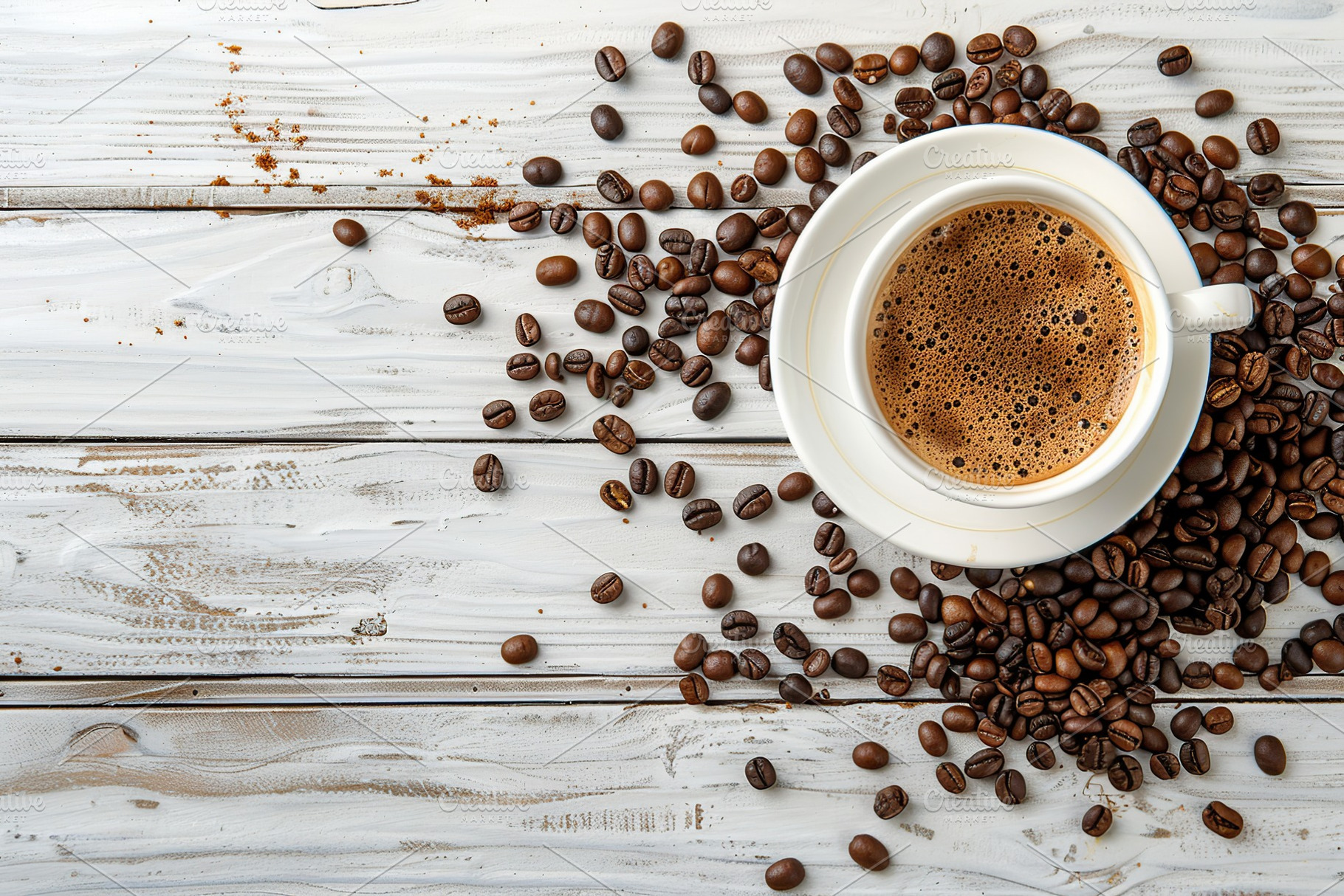Flat lay of cup of coffee and coffee beans on white wooden table, a Food & Drink Photo by AlyaAnd