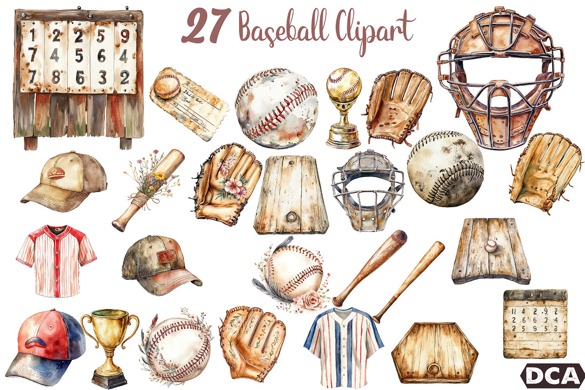 Vintage Baseball Clipart, an Illustration by DreamCafeArt (Photo 1 of 7)