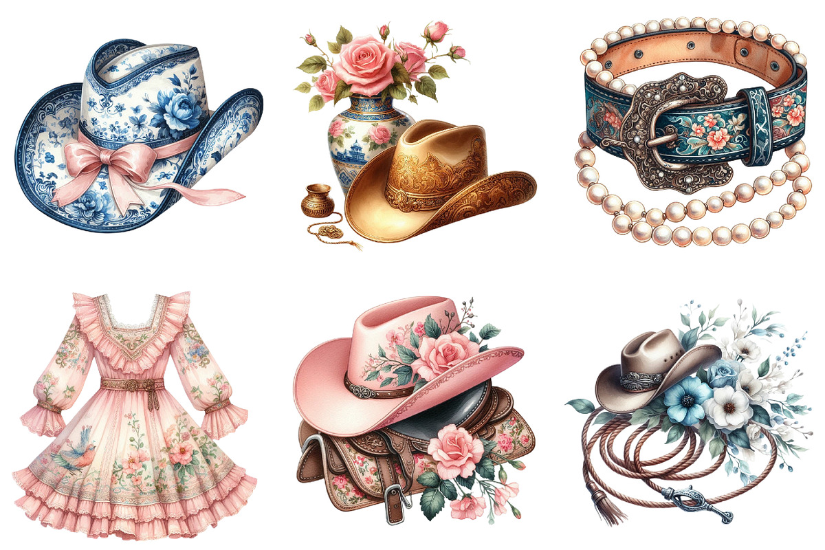 Chinoiserie Cowgirl Coquette Clipart, an Illustration by DreamArtGraphic (Photo 2 of 4)