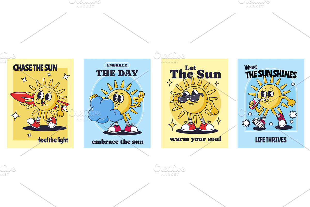 Retro cartoon sun posters. Summer, an Object Illustration by winwin.art