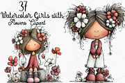 Watercolor Girls with Flowers PNG, a Seasonal Illustration by Canvas Craft (Thumbnail 1 of 7)