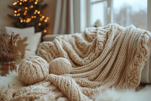 A cozy scene featuring a knitted blanket and soft yarn balls, evoking warmth an, a Background Photo by ImageMir
