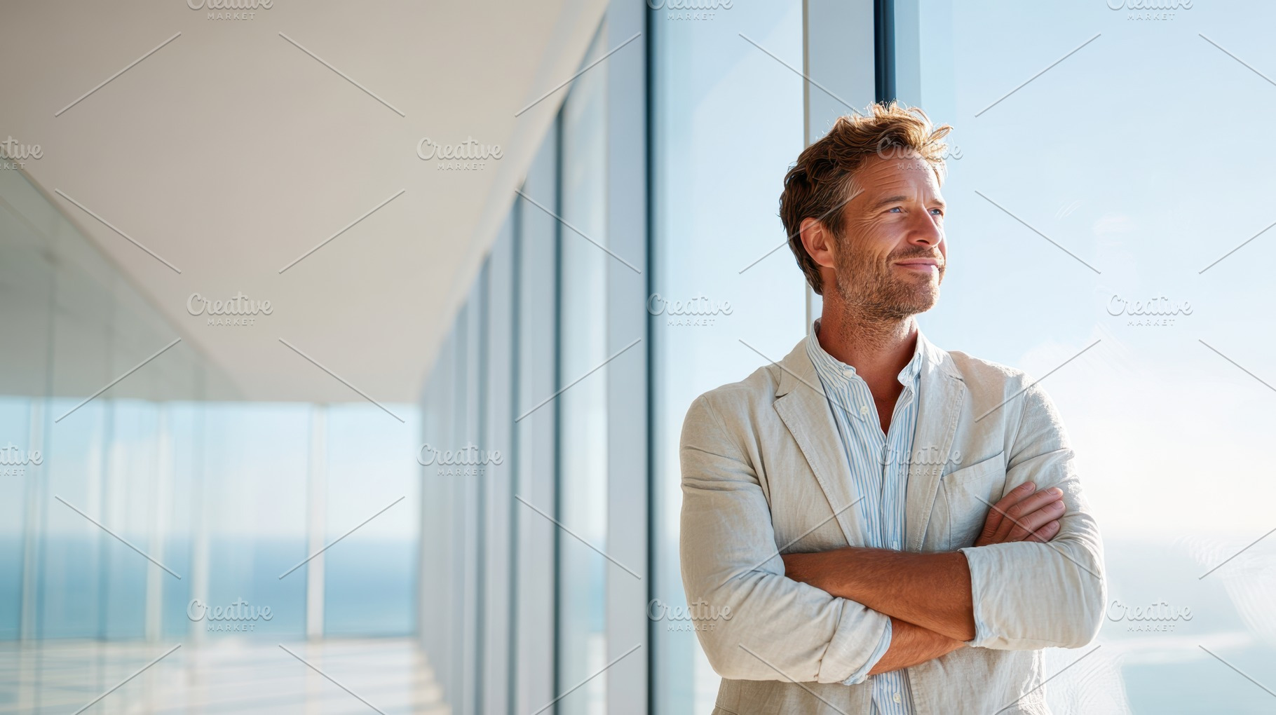 Confident man by ocean view window, a Business Photo by AlyaAnd
