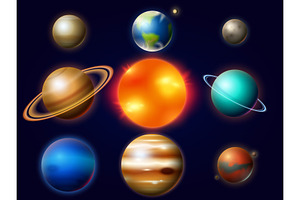 Planets In Solar System. Moon And The Sun, Mercury And Earth, Mars And Venus, Jupiter Or Saturn And Pluto. Astronomical Galaxy Space. Vintage Style Fo