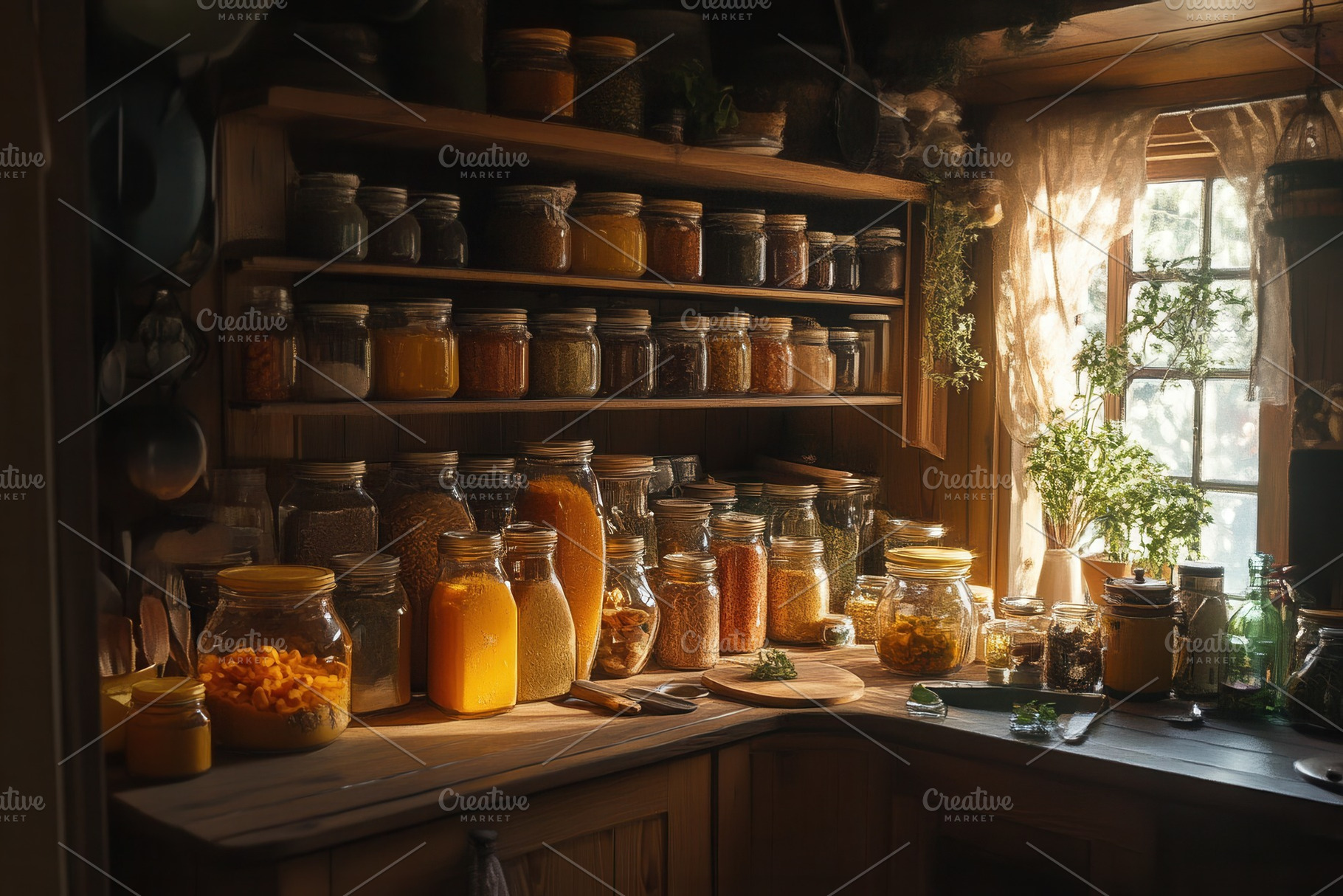 A warm, inviting kitchen with jars, a Photo by Pavel_design