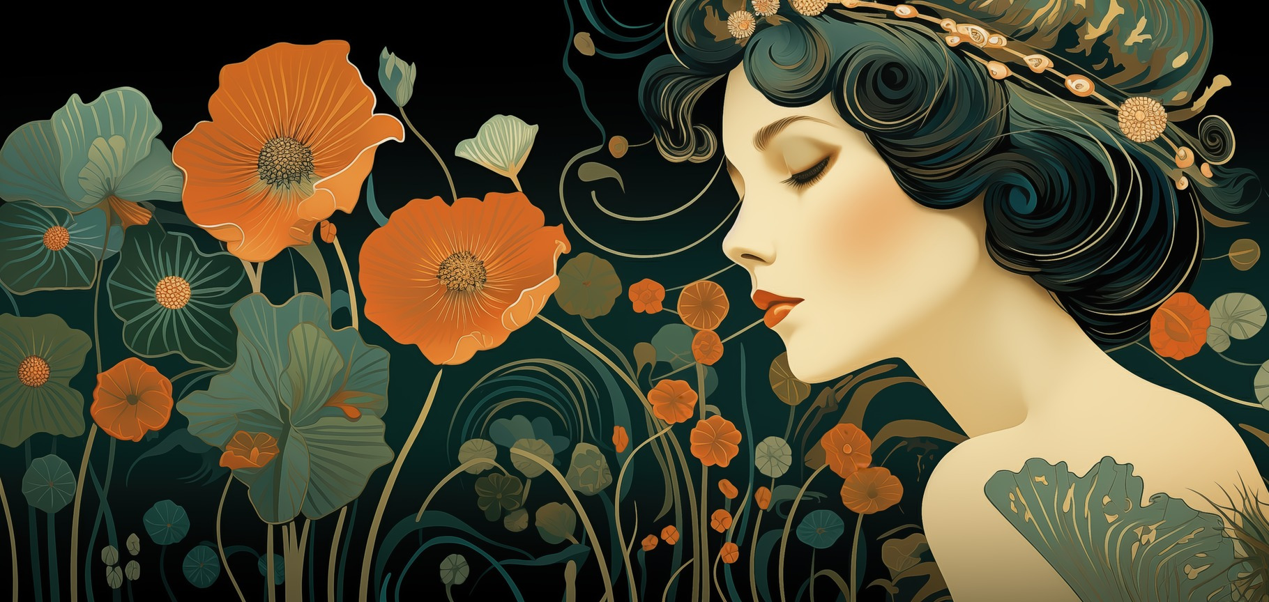 A stylized art deco illustration of a woman with dark hair adorned with ...