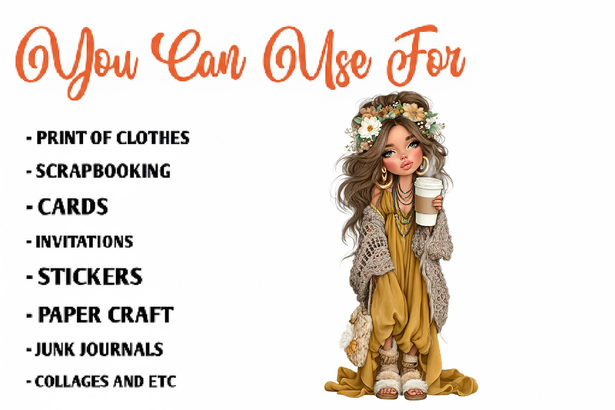 Boho Whimsical Coffee Girl Clipar, a Seasonal Illustration by CreationArt (Photo 5 of 7)