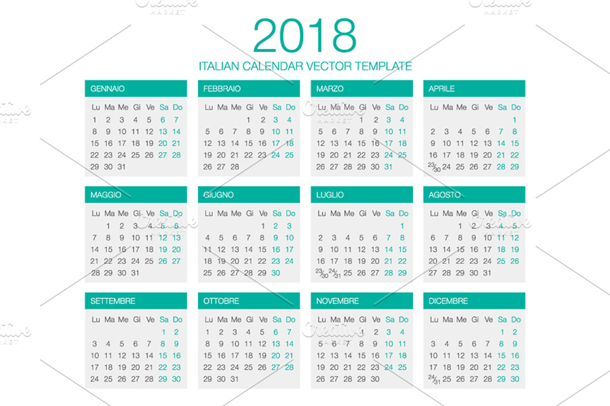 Italian Calendar Vector 2018, a Stationery Template by Urazovsky Design