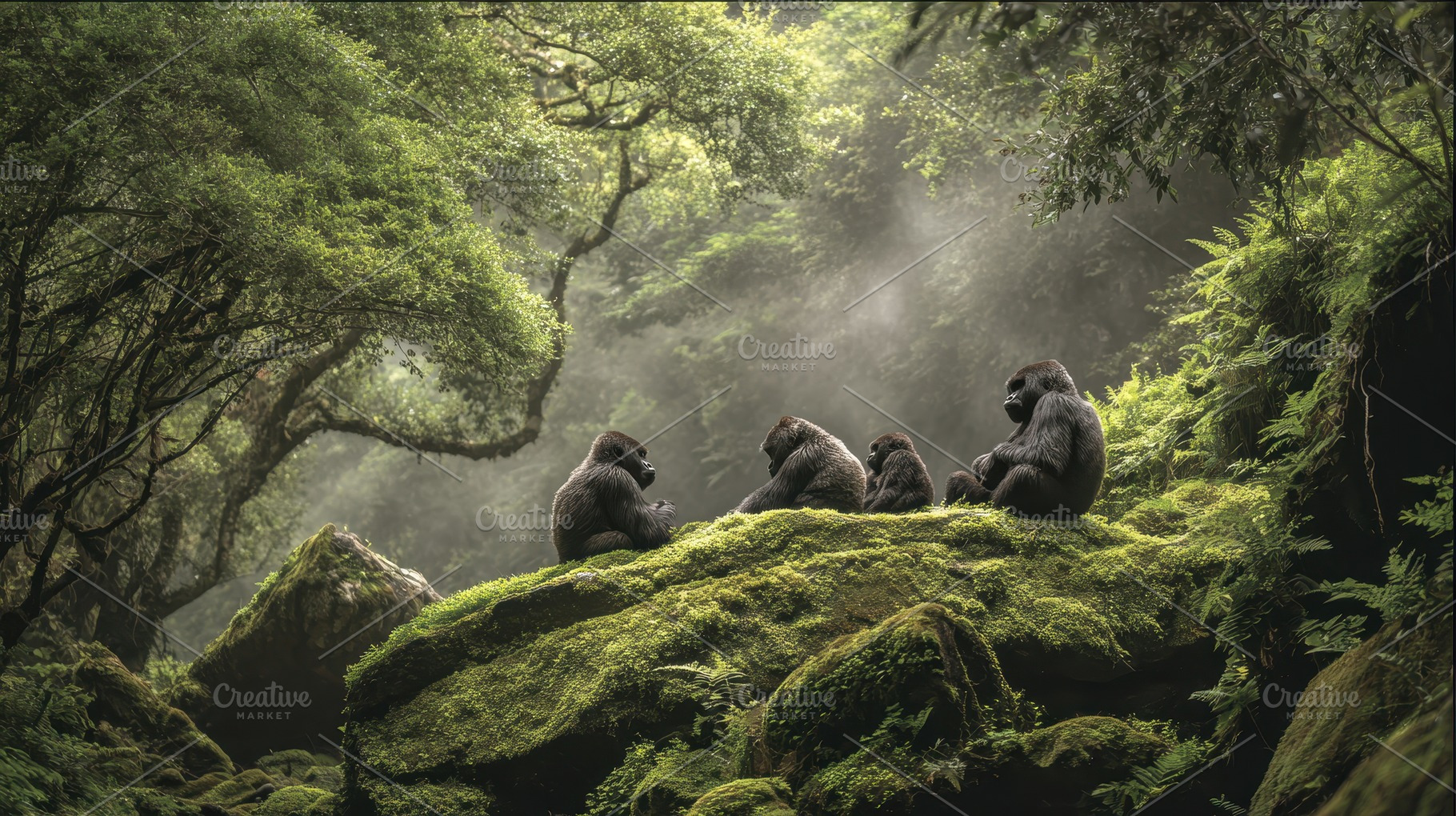 Gorillas gather on rocks in a forest, a Photo by Pavel_design