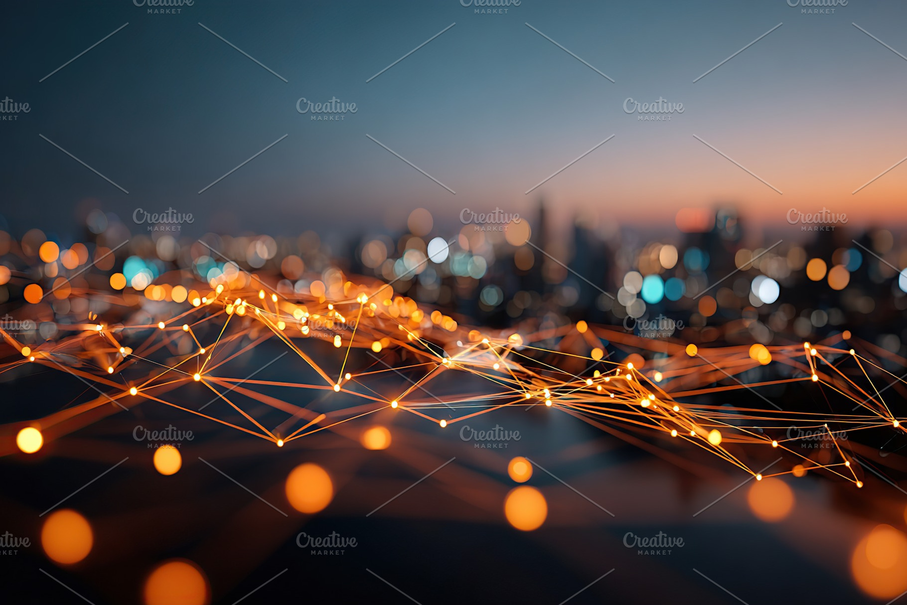 Network visualized as floating web above urban skyline at dusk, a Photo by AlyaAnd