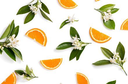 Orange fruit and flovers, above view