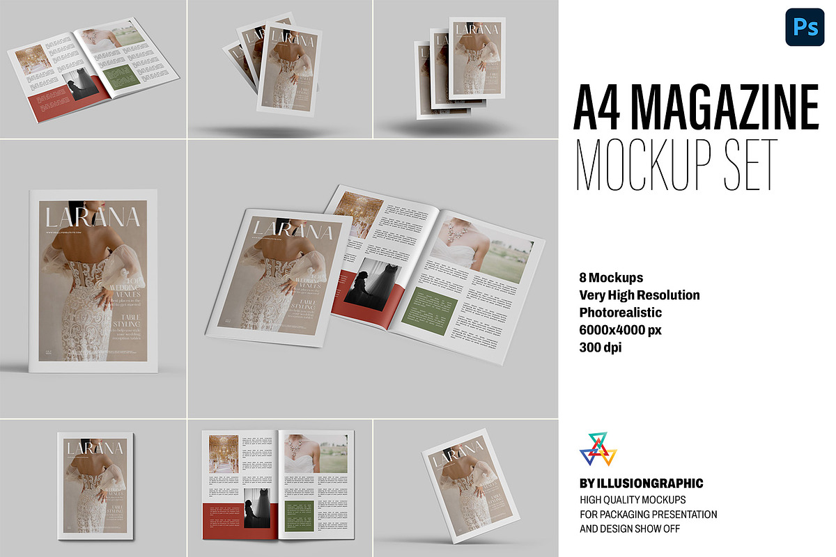 A4 Magazine Mockup Set - 8 views, a Books & Magazine Mockup by Illusiongraphic (Photo 1 of 19)