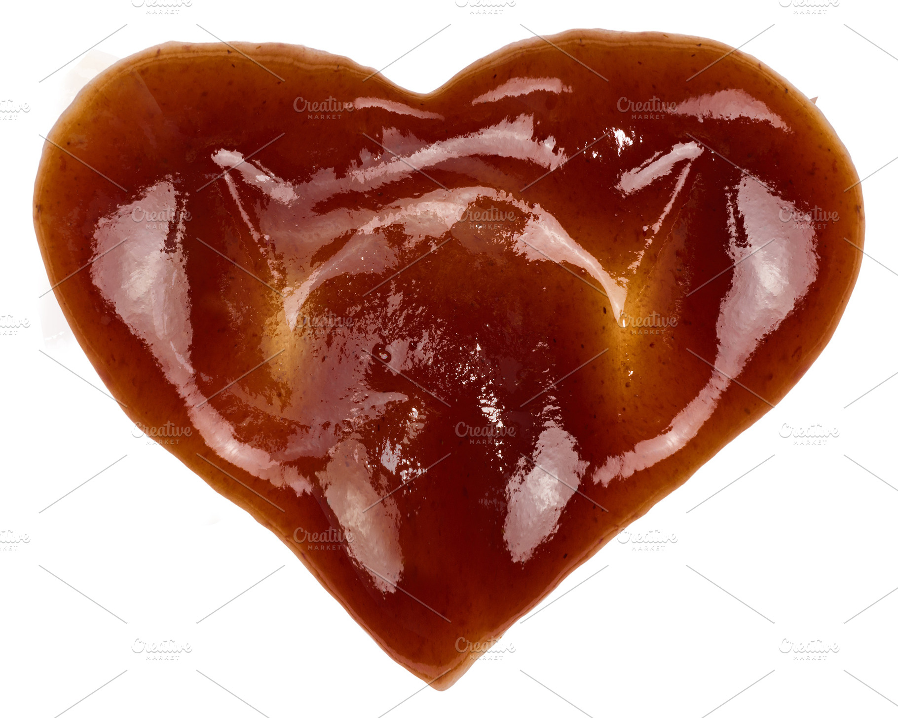 Spilled barbecue sauce in heart shape on isolated background, a Food & Drink Photo by ndanko