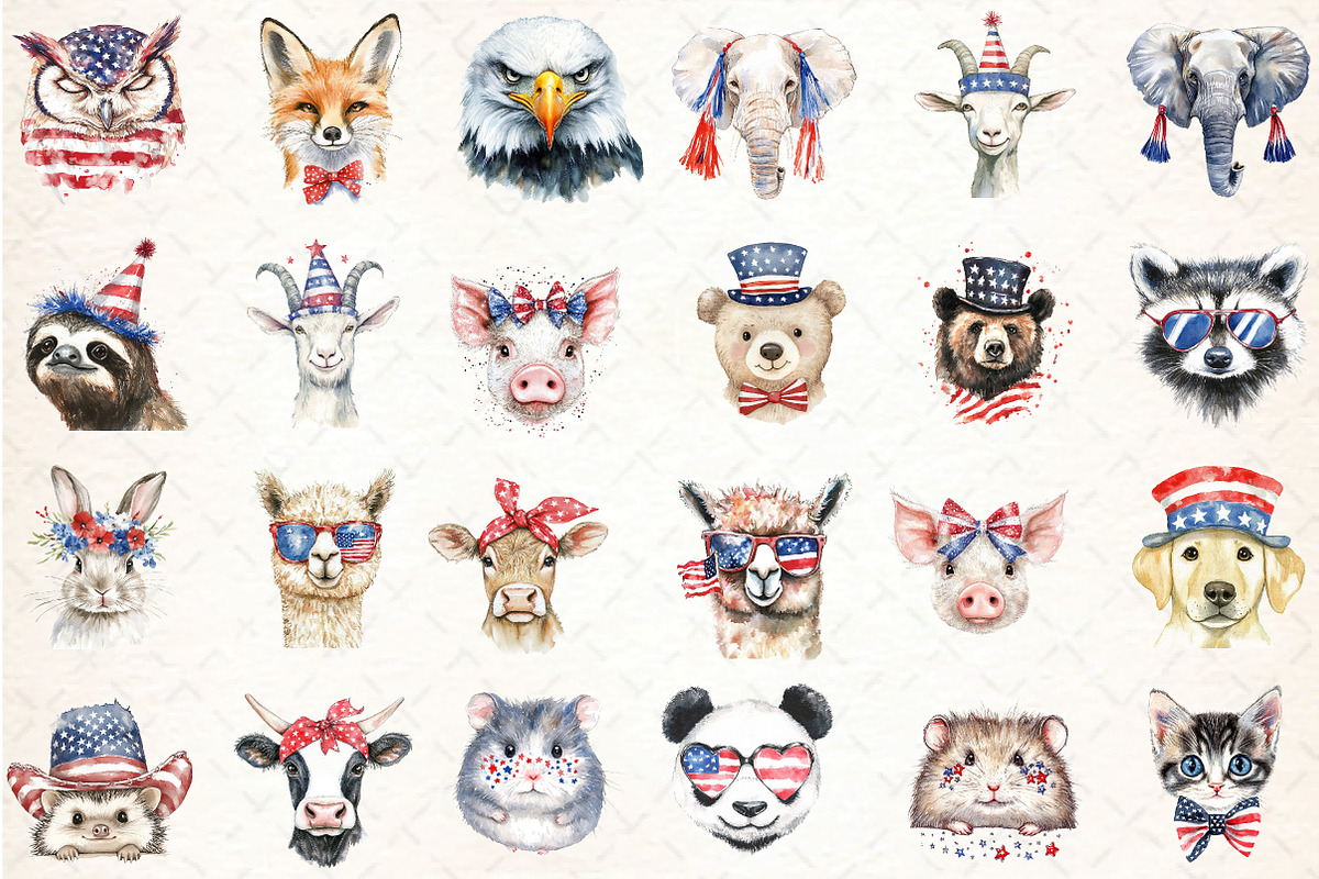Watercolor Animal 4th of July Clipar, an Illustration by DreamCafeArt (Photo 2 of 7)