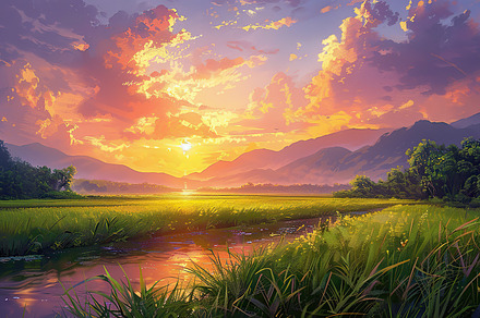 A vibrant painting of a sunset with, a Photo by LOGOCREATIVE