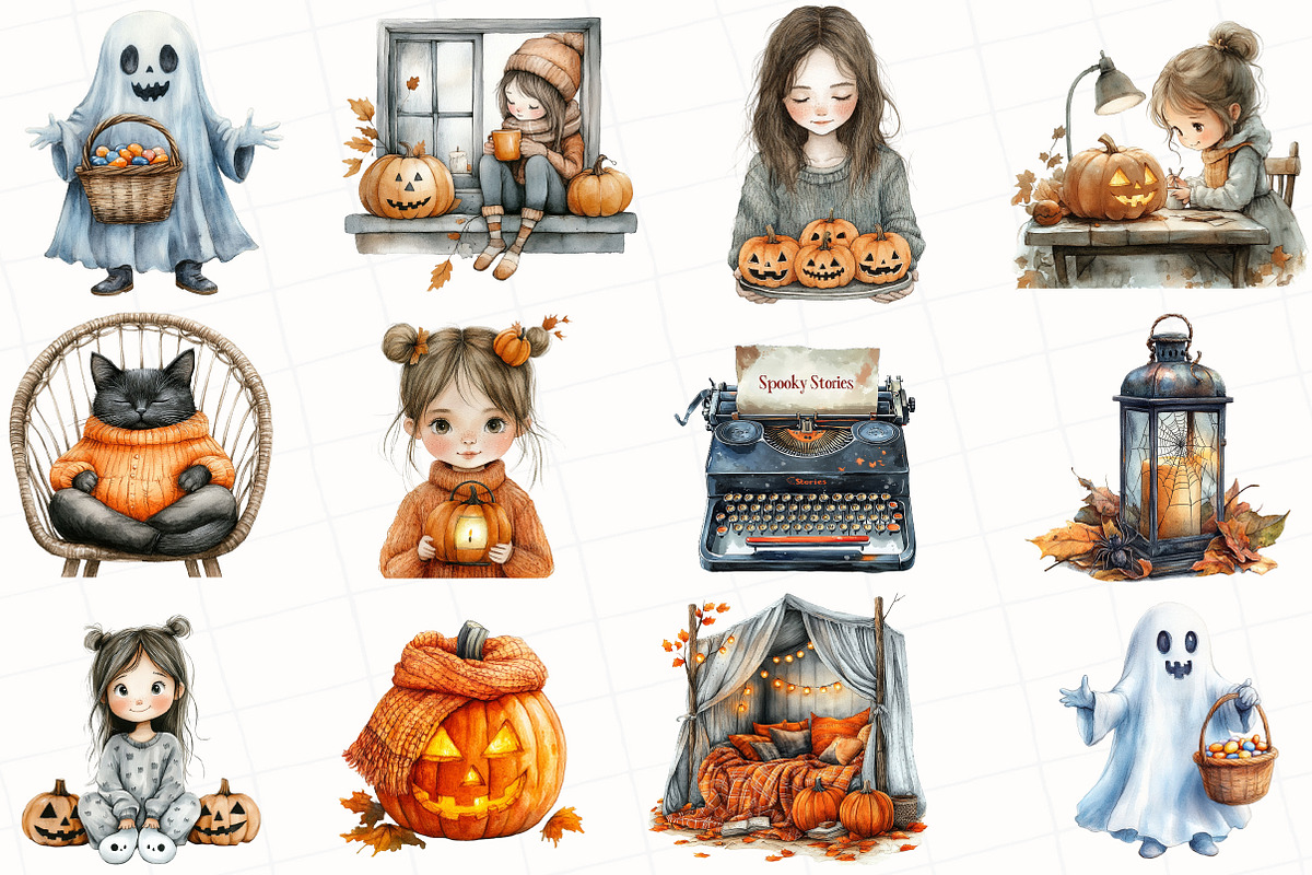 Watercolor Cozy Halloween Clipart, an Illustration by OK Design (Photo 2 of 5)