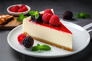Cheesecake with fresh berries on grey background, a Food & Drink Photo by AlyaAnd