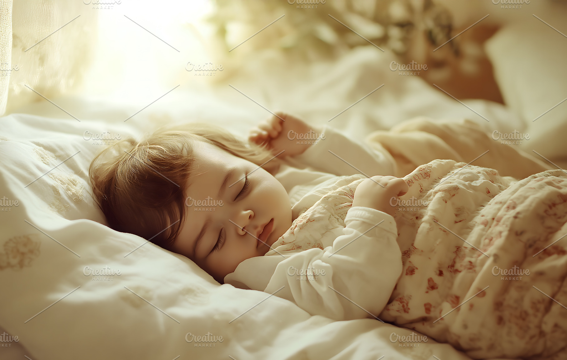 Baby girl is lying and sleeping in bed at home or hospital, a Person Photo by Lenor4ik