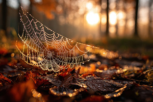 Dew-kissed spiderweb autumn sunrise, a Photo by Pixeness Studio