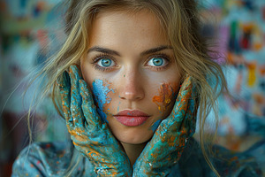 A young Caucasian woman with striking blue eyes holds her paint-covered hands t, a Person Photo by ImageMir