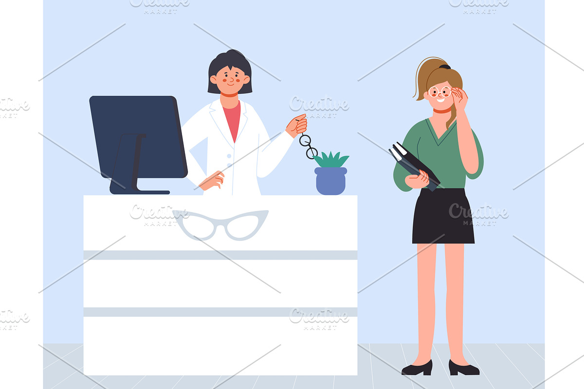 Young woman chooses glasses at, a Person Illustration by LadadikArt