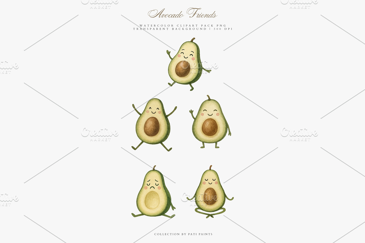Cute Kawaii Avocado Clipart Set, an Illustration by Pati Paints (Photo 5 of 10)