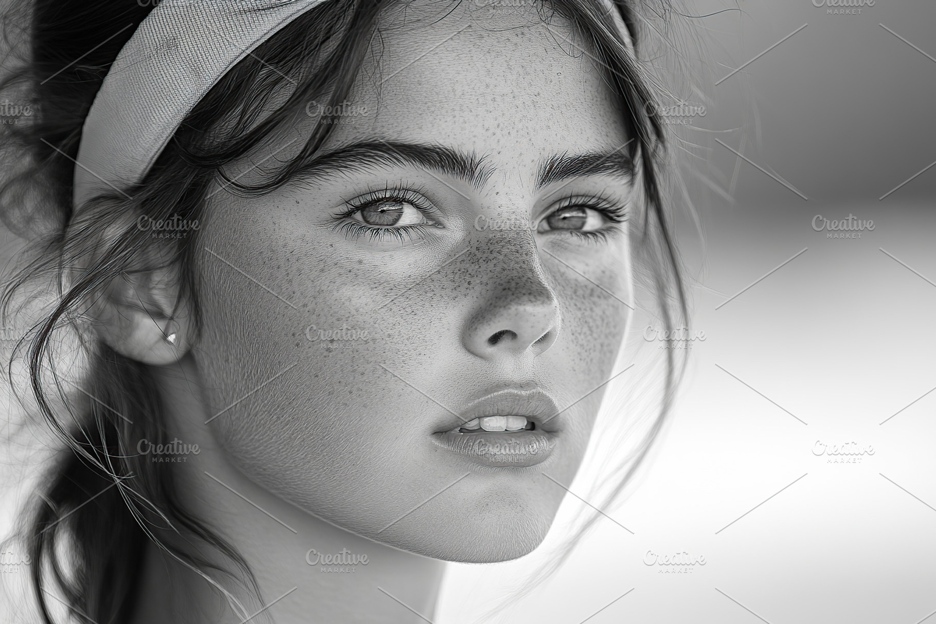 Close-up portrait of a girl with freckles and a headband, a Person Photo by AlyaAnd
