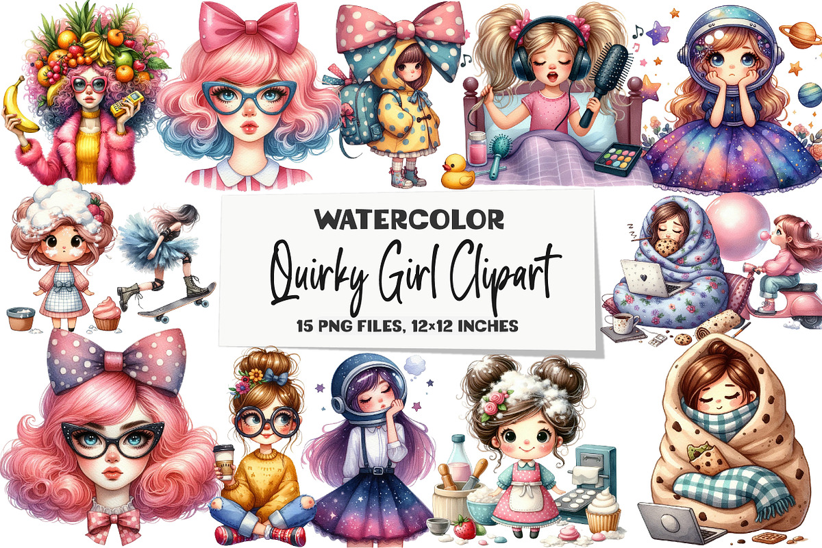 Watercolor Quirky Girl Clipart Bundl, an Illustration by DreamArtGraphic (Photo 1 of 4)