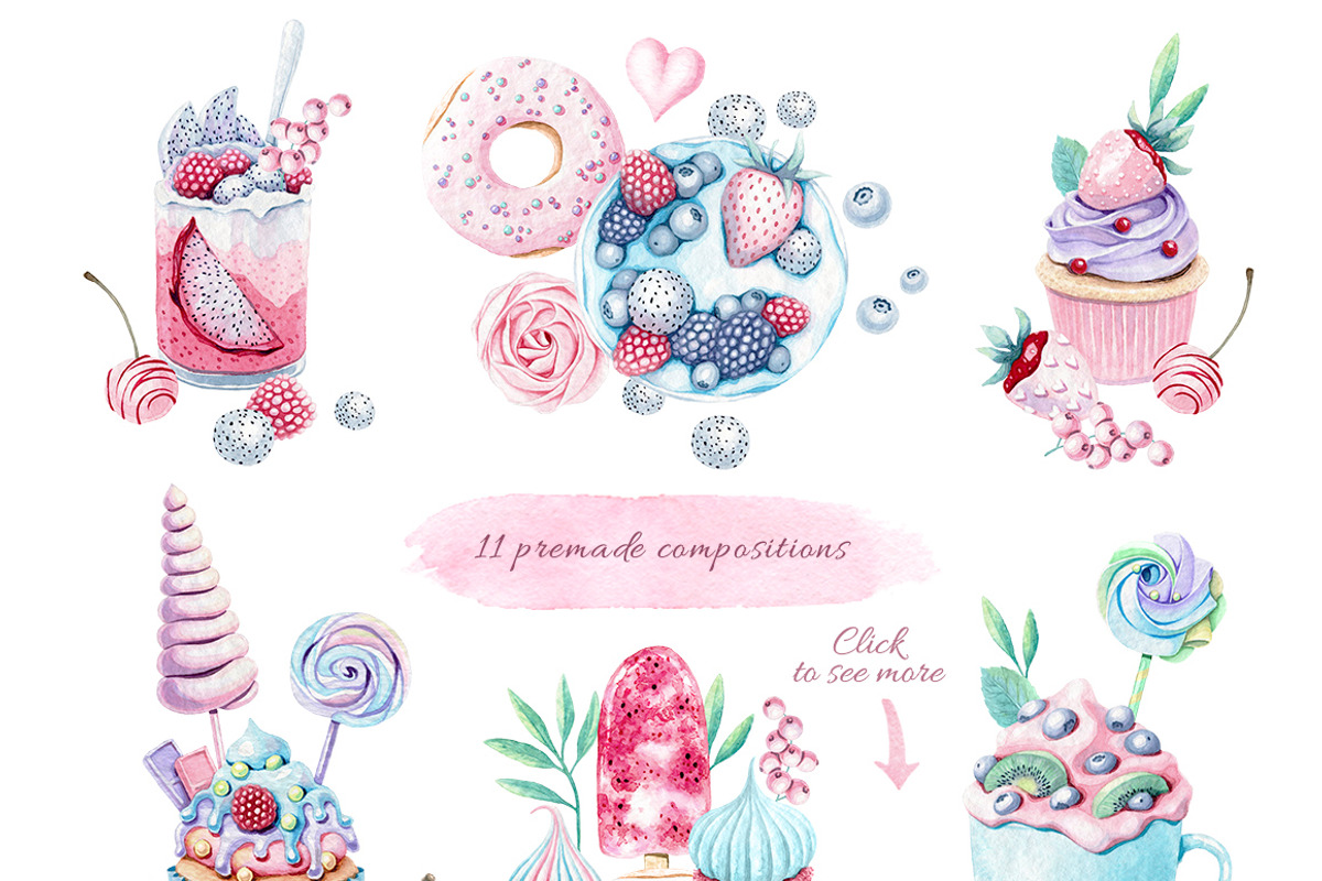 Sweet dessert watercolor set, a Food Illustration by MariArtySpace (Photo 3 of 8)