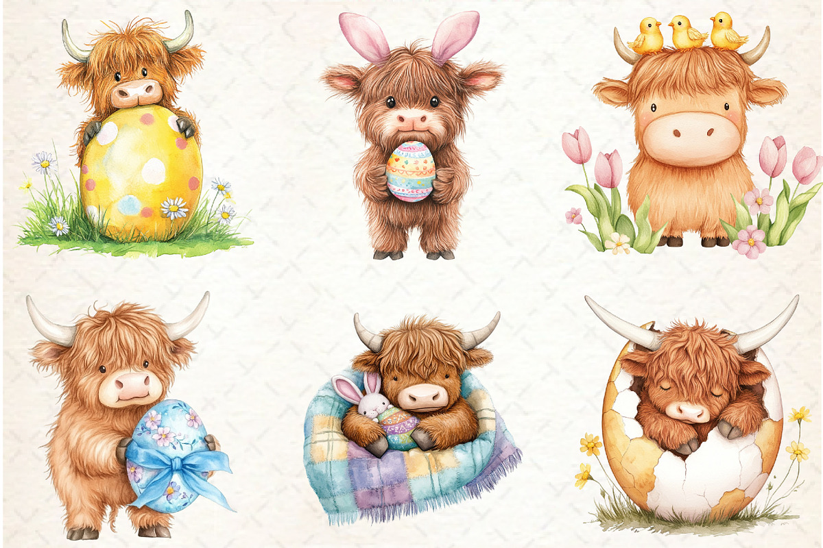 Highland Cow Easter Clipart, an Illustration by Watercolor design (Photo 2 of 4)