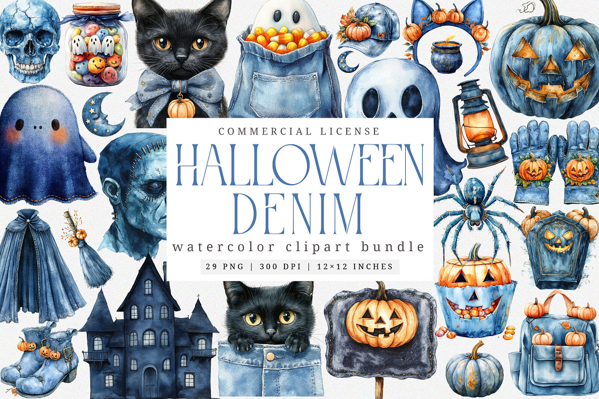 Watercolor Denim Halloween Set PNG, an Illustration by SinaCreation (Photo 1 of 7)
