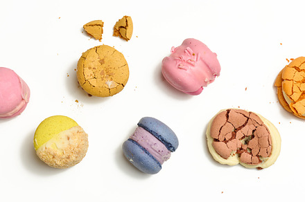 baked macarons with different flavors on a white background, top, a Food & Drink Photo by ndanko