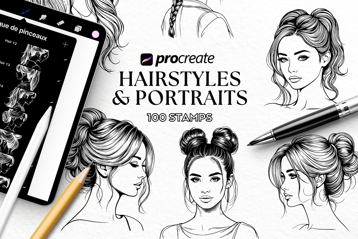 Procreate Hairstyles Portrait Stamps, a Brushes & More by LaurenceVArtiste (Photo 1 of 8)