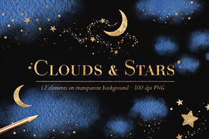 Navy blue clouds & gold stars