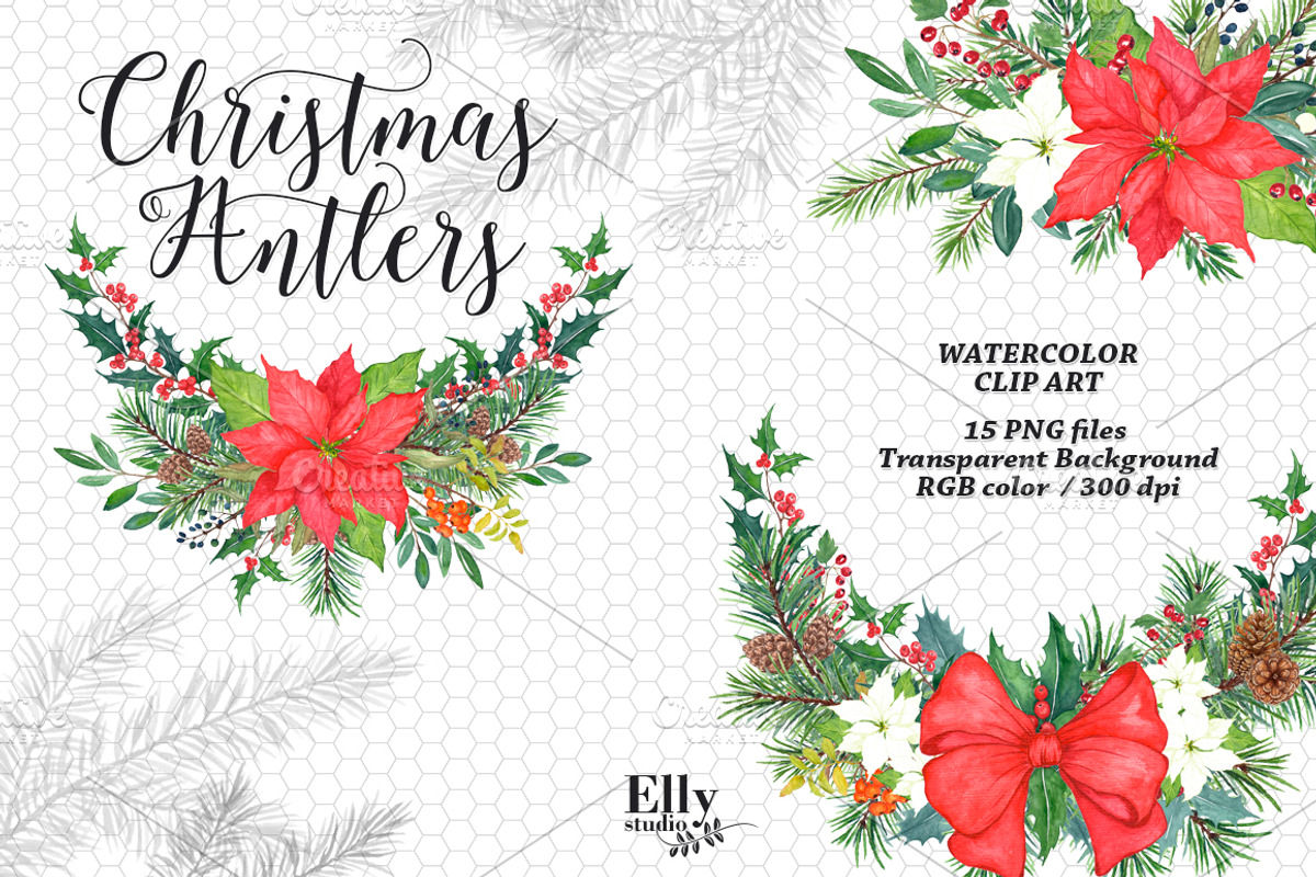 Watercolor Christmas Antler Clipart, a Decorative Illustration by Elly Studio (Photo 5 of 7)