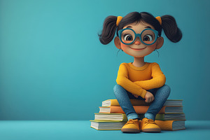 Cheerful girl in glasses sits on col, a Photo by Tanuart
