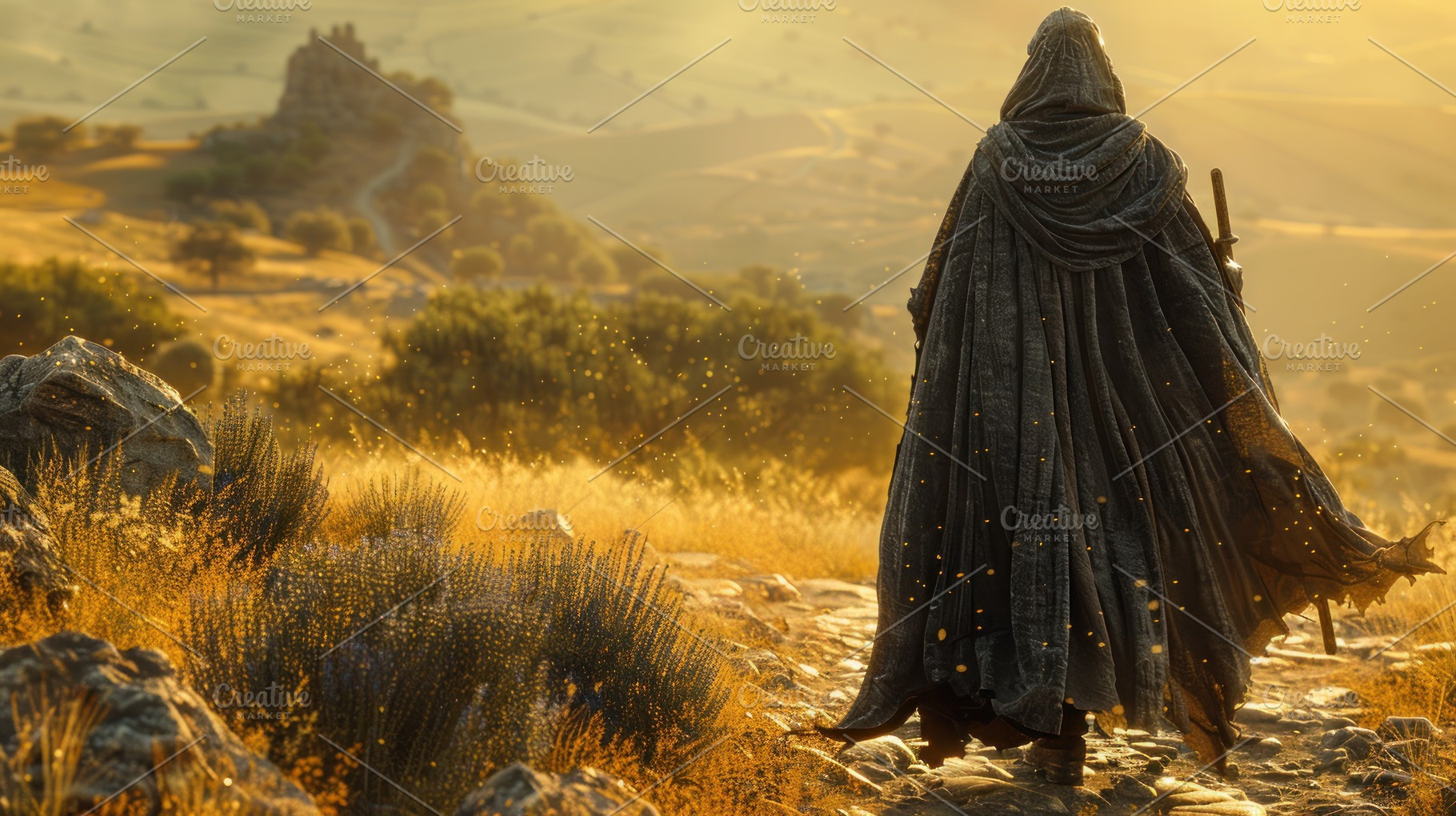 Hooded wanderer with sword walks a golden path through sunlit hi, a Nature Photo by José Manuel Gelpi